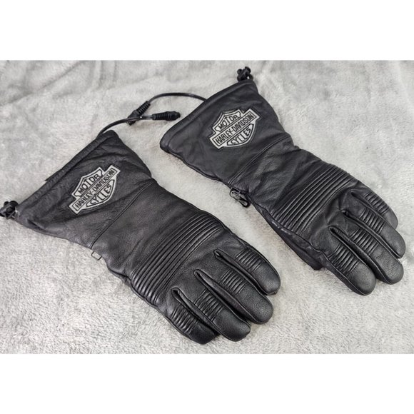 Harley-Davidson Gloves Unisex Small Black Leather Gauntlet Heated Waterproof - Picture 1 of 6